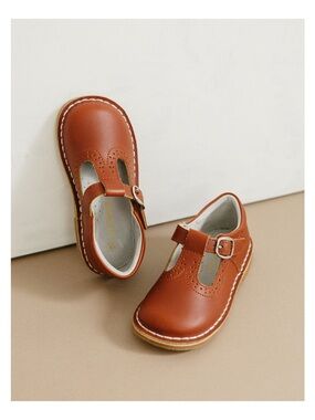 L’AMOUR Frances Cognac T-Strap Perforated Mary Jane Velcro Buckle Dress Shoe 1